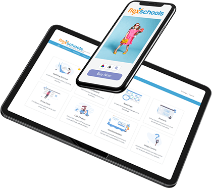 FlexSchools on mobile and desktop preview.